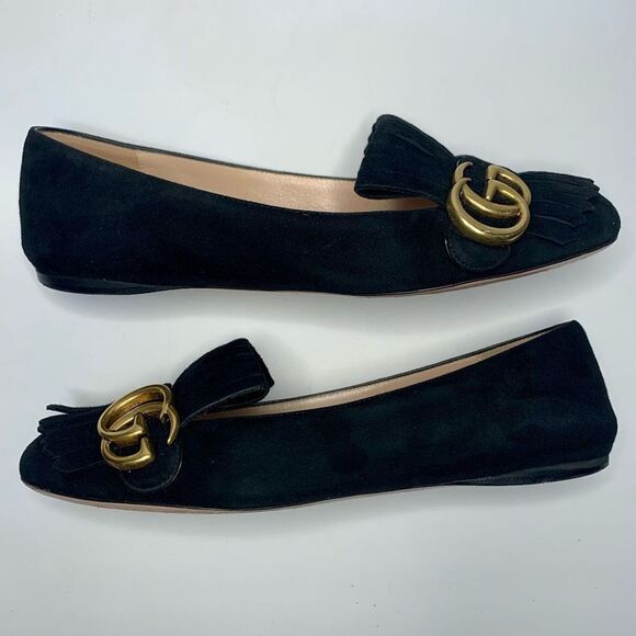 Gucci Marmont Flats GG Kiltie Fringe Suede Loafer Black Size EU 36.5 US 6.5 - Picture 8 of 11